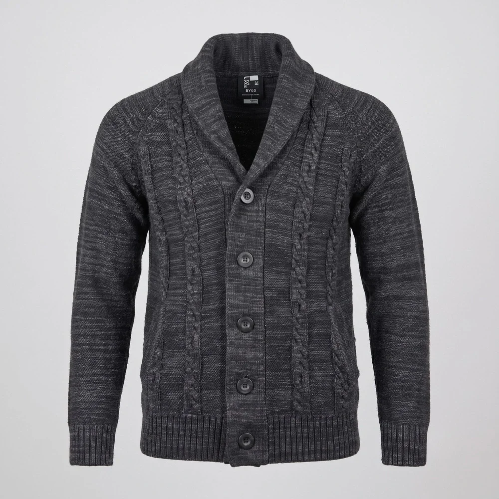 On The Byas Mens Small Gray Cardigan Sweater Shawl Collar Cable Knit Button
